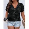 imageWomens Plus Size Tops Short Sleeve Camo Tee Loose Fit Half Button V Neck Tees ShirtsBlack