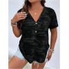 imageWomens Plus Size Tops Short Sleeve Camo Tee Loose Fit Half Button V Neck Tees ShirtsBlack