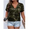 imageWomens Plus Size Tops Short Sleeve Camo Tee Loose Fit Half Button V Neck Tees ShirtsGreen