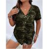 imageWomens Plus Size Tops Short Sleeve Camo Tee Loose Fit Half Button V Neck Tees ShirtsGreen
