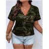 imageWomens Plus Size Tops Short Sleeve Camo Tee Loose Fit Half Button V Neck Tees ShirtsGreen