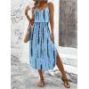 imageWomens Spaghetti Strap Tie Dye Cami Dress Scoop Neck Split Thigh Midi Dresses Knot Front Sun DressesSky Blue