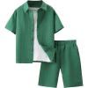 imageBoys 2 Piece Beach Vacation Textured Linen Outfit Short Sleeve Button Down Shirt Top and Shorts Summer SetGreen