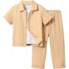 imageBoys 2 Piece Outfits Textured Button Down Short Sleeve Collar Shirts Tops and Elastic Waisted PantsKhaki