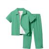 imageBoys 2 Piece Outfits Textured Button Down Short Sleeve Collar Shirts Tops and Elastic Waisted PantsPlain Green