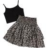 imageGirls 2 Piece Outfits Lace Ruched Camisole Tops and Shirred High Waisted Layered Floral Skirts SetBlack Floral