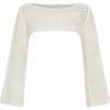 imageGirls Hollow Out Crochet Knit Crop Sweater Long Flare Sleeve Boat Neck Sheer Pullovers KnitwearWhite