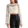 imageGirls Hollow Out Knitted Crop Sweater Long Sleeve Crew Neck Drop Shoulder Sheer Pullovers KnitwearApricot
