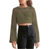 imageGirls Hollow Out Knitted Crop Sweater Long Sleeve Crew Neck Drop Shoulder Sheer Pullovers KnitwearArmy Green