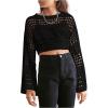 imageGirls Hollow Out Knitted Crop Sweater Long Sleeve Crew Neck Drop Shoulder Sheer Pullovers KnitwearBlack