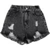 imageGirls Ripped Raw Hem Straight Leg Jean Shorts Elastic Waist Zipper Fly Denim ShortsBlack