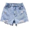 imageGirls Ripped Raw Hem Straight Leg Jean Shorts Elastic Waist Zipper Fly Denim ShortsLight Blue
