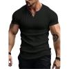 imageMens Ribbed Knit Notched V Neck Tees Casual Short Sleeve T Shirt Summer Basic TopsBlack