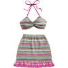 imageWomens 2 Piece Boho Vacation Summer Outfits Clothing Set Striped Backless Halter Tops and Fringe Short Skirt SetsMulticolor