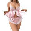 imageWomens 2 Piece Lingerie Set Floral Lace Tie Back Satin Bow Front Lingerie Pajama Set SleepwearPink