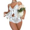 imageWomens 2 Piece Lingerie Set Floral Lace Tie Back Satin Bow Front Lingerie Pajama Set SleepwearWhite