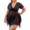 imageWomens 2 Piece Lingerie Set Plus Size Lace Sheer Mesh Bralettes Black Sleep Dress with Thongs SetBlack