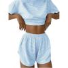 imageWomens 2 Piece Pajama Set Stripe Short Sleeve Crewneck Crop Lounge Shorts Set Soft SleepwearBlue