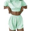 imageWomens 2 Piece Pajama Set Stripe Short Sleeve Crewneck Crop Lounge Shorts Set Soft SleepwearGreen
