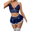 imageWomens 3 Piece Lingerie Set Floral Lace Bow Garter Babydoll Lingerie Skirt SetRoyal Blue