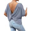 imageWomens Backless Twist Knot T Shirt Oversized Solid Short Sleeve Tees Open Back Asymmetrical Hem Casual TopsDusty Blue