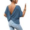 imageWomens Backless Twist Knot T Shirt Oversized Solid Short Sleeve Tees Open Back Asymmetrical Hem Casual TopsSolid Blue