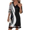 imageWomens Cold Shoulder Half Sleeve Mini Dress Summer V Neck Sheer Mesh Short DressBlack and White