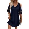 imageWomens Cold Shoulder Half Sleeve Mini Dress Summer V Neck Sheer Mesh Short DressBlue