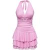 imageWomens Halter Cowgirl Vintage Mini Dress Embroidery Tie Back Sleeveless Ruched Tiered Layer A Line DressesPink