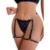 imageWomens Lace Trim Sheer Low Rise Thongs Shiny Ring Linked V Strings Panties Underwear with Garter BeltBlack