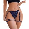 imageWomens Lace Trim Sheer Low Rise Thongs Shiny Ring Linked V Strings Panties Underwear with Garter BeltDark Blue