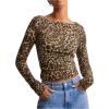 imageWomens Long Sleeve Leopard Print T Shirts Boat Neck Slim Fit Tee Shirts StreetwearMulticolor