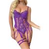 imageWomens PU Lace Up Hollow Out Underwire Corset Lingerie Contrast Lace Sheer Teddy Bodysuit with GarterPurple