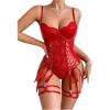 imageWomens PU Lace Up Hollow Out Underwire Corset Lingerie Contrast Lace Sheer Teddy Bodysuit with GarterRed