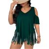 imageWomens Plus Size Fringe Hem V Neck Tops Short Sleeve Cold Shoulder T Shirts TopGreen