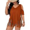 imageWomens Plus Size Fringe Hem V Neck Tops Short Sleeve Cold Shoulder T Shirts TopRust Brown
