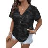 imageWomens Plus Size Tops Short Sleeve Camo Tee Loose Fit Half Button V Neck Tees ShirtsBlack
