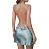 imageWomens Spaghetti Strap Backless Silk Nightgown Criss Cross Satin Slip Dress Soft Mini Sleep DressDusty Blue