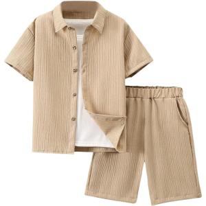 imageBoys 2 Piece Beach Vacation Textured Linen Outfit Short Sleeve Button Down Shirt Top and Shorts Summer SetBeige