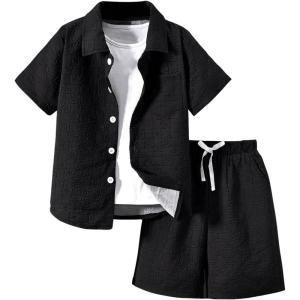 imageBoys 2 Piece Beach Vacation Textured Linen Outfit Short Sleeve Button Down Shirt Top and Shorts Summer SetBlack