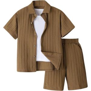 imageBoys 2 Piece Beach Vacation Textured Linen Outfit Short Sleeve Button Down Shirt Top and Shorts Summer SetBrown