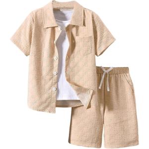 imageBoys 2 Piece Beach Vacation Textured Linen Outfit Short Sleeve Button Down Shirt Top and Shorts Summer SetDeep Khaki
