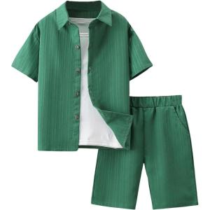 imageBoys 2 Piece Beach Vacation Textured Linen Outfit Short Sleeve Button Down Shirt Top and Shorts Summer SetGreen