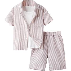 imageBoys 2 Piece Beach Vacation Textured Linen Outfit Short Sleeve Button Down Shirt Top and Shorts Summer SetHot Pink