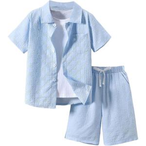imageBoys 2 Piece Beach Vacation Textured Linen Outfit Short Sleeve Button Down Shirt Top and Shorts Summer SetLight Blue