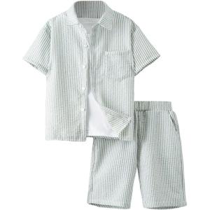 imageBoys 2 Piece Beach Vacation Textured Linen Outfit Short Sleeve Button Down Shirt Top and Shorts Summer SetLight Green
