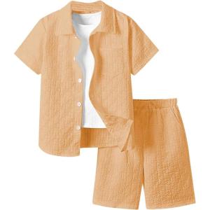 imageBoys 2 Piece Beach Vacation Textured Linen Outfit Short Sleeve Button Down Shirt Top and Shorts Summer SetLight Khaki