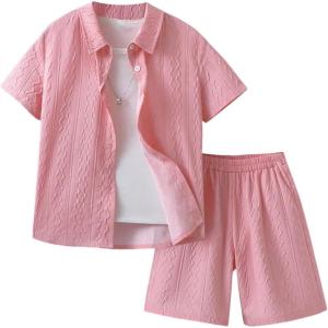 imageBoys 2 Piece Beach Vacation Textured Linen Outfit Short Sleeve Button Down Shirt Top and Shorts Summer SetLight Pink