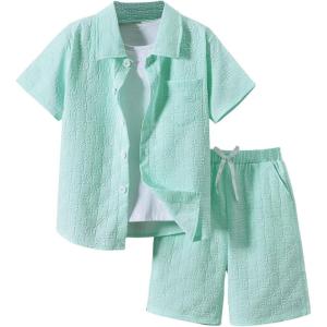 imageBoys 2 Piece Beach Vacation Textured Linen Outfit Short Sleeve Button Down Shirt Top and Shorts Summer SetMint Green