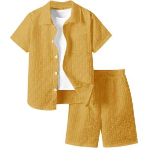 imageBoys 2 Piece Beach Vacation Textured Linen Outfit Short Sleeve Button Down Shirt Top and Shorts Summer SetPure Ginger